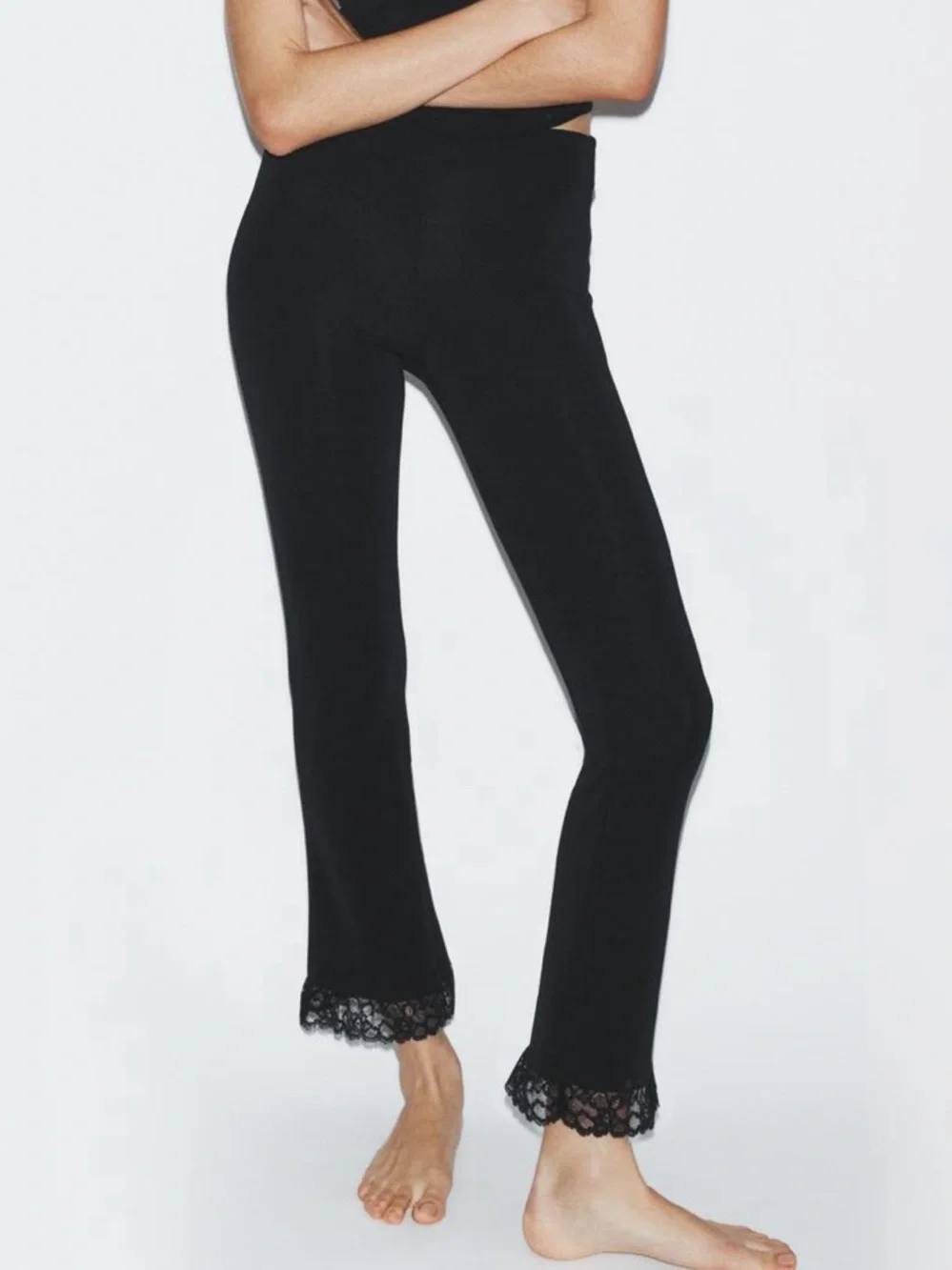 Zara NWT Black Lace Hem stretch mini flare Pants
